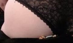 Unaware giantess sits on little man while wearing panties