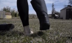 Barefoot in the backyard, watch from above and below, playing in the grass, milf feet, foot fetish