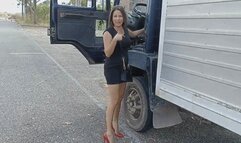 Katherine sexy truck driving and pedal pumping in red heels