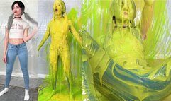 Misses Blasted with Slime in Jeans and White T-shirt