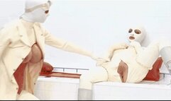Two girls encased in white rubber catsuits - pussy fingered with latex gloves and warm piss emptied