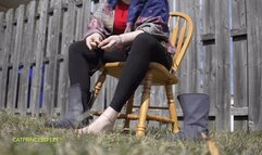 milf taking off boots, pulling on nylon socks, backyard spying, foot fetish