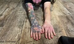 Sadistic painfull hands and especially fingers trampling in ankle boots with rough soles