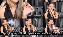 Angie applying YSL red lipstick and smoking a white cigarette for you!