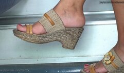 Perfect feet with mules heeled, nice shape arched feet, candid foot fetish watching