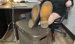 Licking gross soles of My boots and face as a footstool after cleaning