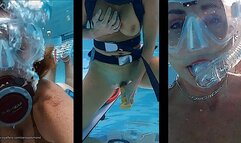 One piece competition swimsuit in the public pool with wrist bondage
