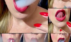 Close-up White Cigarette 80s - Deep Inhales -Nose Exhales -Coughing - Red Lipstick