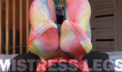 Mistress facesitting and rubs her nylon feet against slave face (MOV HD)