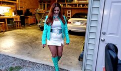 Vivian Ireene Pierce Cranking the Riding Mower & Pushing the Mower in Leather Boots, Jacket & Sheer Hose