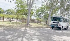 Katherine pedal pumping and driving the FFP Bus on Sexy blue sandals