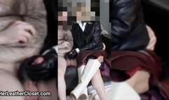 Slave Fucked in Leather Skirt and White Boots