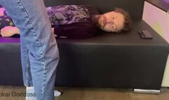 Face sitting in jeans, smoking, spitting and licking spit with ashes from the floor