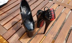 DANGEROUS WALKING with my very very high corset pleaser heels!