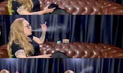 Simple smoking and a lot of coughing - Chain of two Newport - No makeup, wearing leggings, lying on the couch with bare feet