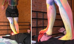 Mistress in opaque pantyhose trampling and standing on slave face (MP4 HD)