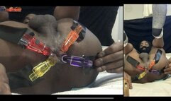 Dual Angle 1 and 2 of 2 - Bondage for my Bumhole - black twink in panties does asslip stretches with duct tape and breadclips while jerking off for full ejaculation cumshot - DJ ButtPussy