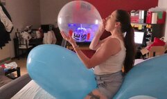 Sophie blows balloons and inflate to pop some