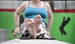 Boobs and dirty soles tease, ignoring, white nails, outside milf feet