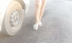 Shescamore pedal pumping on flat beach sandals