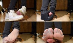 Shoejob black Sockjob and cum on nylon Feet footjob