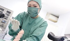 Dildo handjob in an Asian KUROKI operating gown