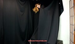 Cassandra Laine Playing 'Peek-a-Boots' in Full Black Leather Outfit