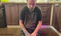 Feeding My slave with tasty apple covered with wet mud from My shoes