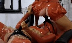 Perverted lesbian piss sluts in red latex outfits - Part 3 of 4 - Double strap-on fuck 1 of 2