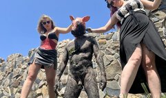 Dirty piggy humiliated in the mud - spiked boots worship