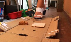 Italian girlfriend - Food and objects crush fetish in white and blue sabot