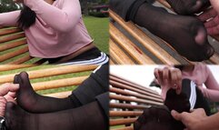Sweet giggles and ticklish Xiomara's nylon feet in the park just for a while! - MOV