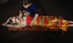 Tied girl in silk dress sensually tickled and made to cum (HD)