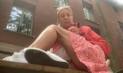 Exhib in red and white outfit