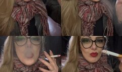 Listening to music and smoking a delicious Marlboro red 100s - Close-up - Leather jacket - Power Smoking - Triple pumps - Multiple pumps - Deep Inhales - Coughing - Makeup - Lipstick