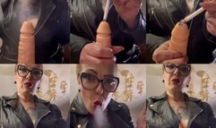 Blowing smoke on the stick and burning the head of the stick with the ember of the cigarette - Marlboro red 100s - Close-up - Leather jacket - Power Smoking - Triple pumps - Multiple pumps - Deep Inhales - Makeup - Lipstick