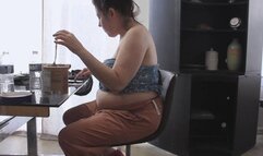 FACE STUFFING AN ENTIRE BAG OF POPCORN PLUS CHOC ICE CREAM WITH BURPING AND A SMOKERS HACKING FROM EATING SO MUCH FOOD HAPPY ENDING