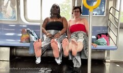 'Come with us!' NYC train public feet with YourChocolateGoddess, sole rubbing, tickling milf feet