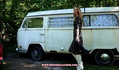 Cassandra Laine Changes from White Knee High Boots to Black Over the Knee Boots in the Bus