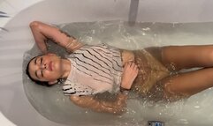 Wet & Sexy Warm Up: Sammi Perri takes a hot & steamy fully clothed bath in a cute skirt white top with tights & yellow thong - By All Soaked