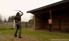 Cowgirl whipping her stable boy