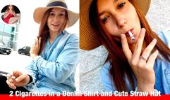 Smoking 2 in a Denim Dress and Straw Hat