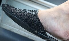 Candid mature feet slippers dangling, nice feet and shoes