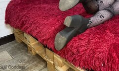 Licking nasty street dirt from soles of My ankle boots after concert and hands trampling