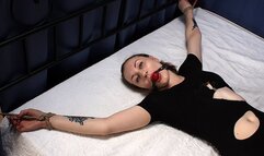Ballgagged barefoot Amanda in ripped black leotard, bound on the bed with her hands and feet wide-spread, wiggles on the bed (HD MOV)