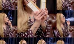 Close-up - VIRGINIA SLIMS 120S - Deep Inhales - Nose exhales - Multiple pumps - Coughing