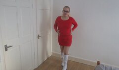 wearing red dress Stockings and suspenders and boots stripping