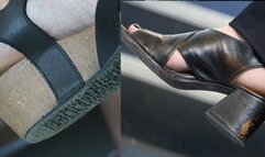 Two beauty candid feet in sandals, black sandals heels and arrogance wedge sandals, foot fetish close-up
