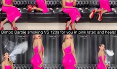 Bimbo Barbie smoking Virginia Slims 120s in a pink latex outfit and red high heels!