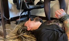 Face as a footstool under My sexy stocked feet with My dirty socks in slaves mouth